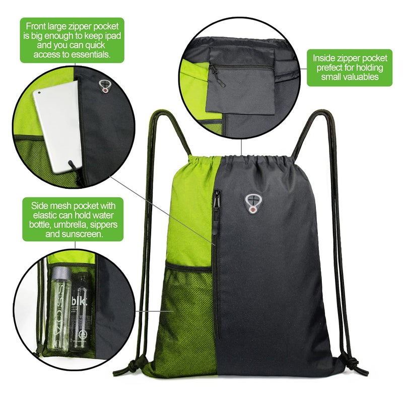 BeeGreen Lime Gym Bag Drawstring Backpack for Women Sports Backpack Workout Bag With 2 Water Bottle Mesh Pockets And Two Zipper Pockets - Image 4